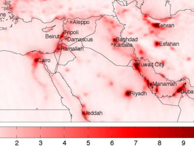 NO2 column densities in 1015 molecules/cm2, averaged over the period 2005–2014.